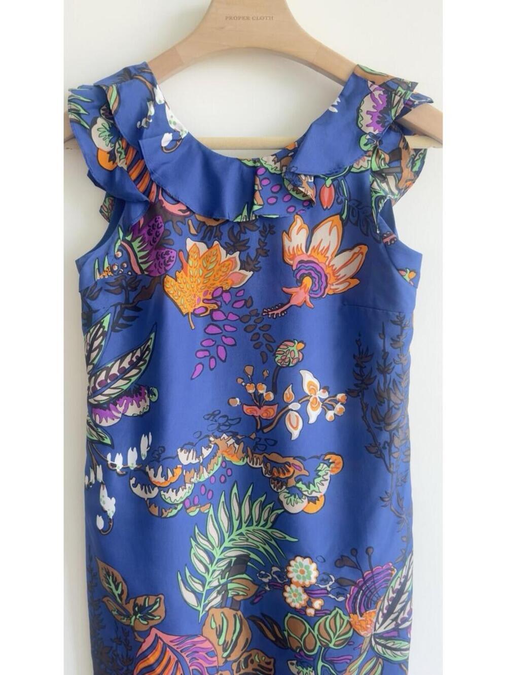 J.Crew Silk Ruffle Shift Dress Blue Floral Print Sleeveless Size 2 Lined - Picture 4 of 9